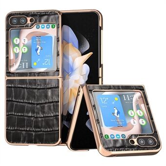 For Samsung Galaxy Z Flip5 5G Crocodile Texture Back Cover Genuine Cow Leather + PC Nano Electroplating Phone Case