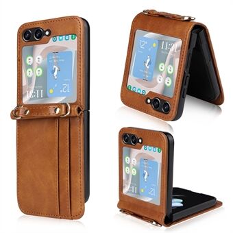 For Samsung Galaxy Z Flip5 5G PU Leather Card Holder Case One-piece Design Shockproof Phone Cover with Lanyard