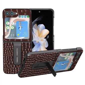ABEEL For Samsung Galaxy Z Flip5 5G Crocodile Texture Protective Case Genuine Cow Leather+PC Kickstand Phone Cover