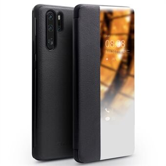 QIALINO for Huawei P30 Pro View Window Full Protection Cowhide Leather Smart Phone Case Cover - Black