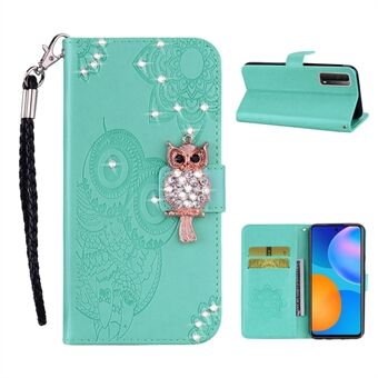Owl Imprint Rhinestone Decor Leather Phone Case for Huawei P Smart 2021 / Huawei Y7a