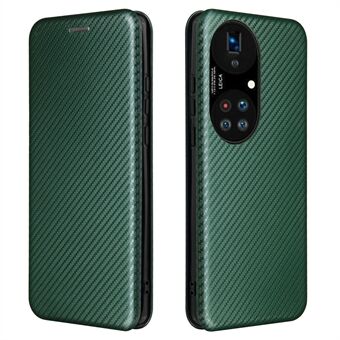 For Huawei P50 Pro Auto-absorbed Leather Cover Carbon Fiber Texture, with Detachable Ring Kickstand Strap