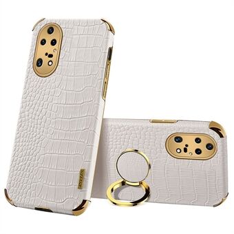For Huawei P50 Pro 4G Crocodile Texture Electroplating Cover PU Leather Coated TPU Phone Case with Ring Kickstand