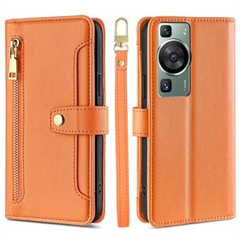 Wallet Cover for Huawei P60 / P60 Pro Zipper Pocket Anti-scratch Leather Phone Stand Case with 2 Straps