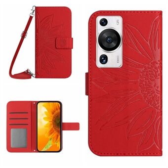 HT04 For Huawei P60 / P60 Pro Sunflower Imprinting Phone Case Leather Stand Wallet Cover with Shoulder Strap