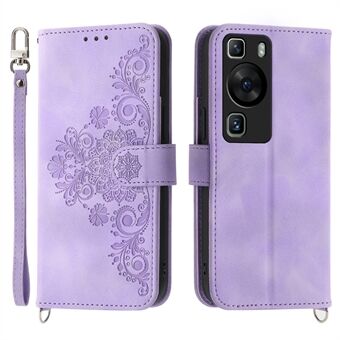 Wallet Phone Case for Huawei P60 / P60 Pro Shockproof Case Skin-Touch Imprinted Flower Leather Flip Cover with Strap