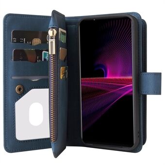 For Sony Xperia 1 III 5G Practical KT Multi-functional Series-2 Multiple Card Slots Design TPU+PU Leather Shell Phone Stand Case with Wrist Strap and Zipper Pocket