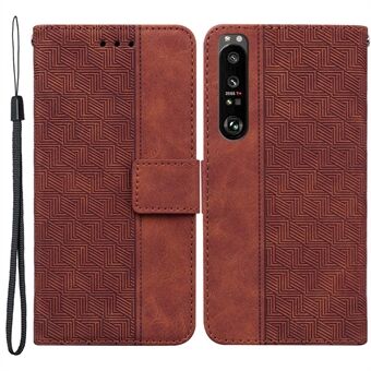 For Sony Xperia 1 III 5G Geometry Imprinted PU Leather Case Magnetic Closure Wallet Soft TPU Stand Cover with Strap