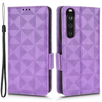 For Sony Xperia 1 III 5G PU Leather Phone Stand Wallet Case Triangle Pattern Imprinted Shockproof Cover with Strap