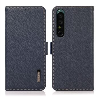 KHAZNEH for Sony Xperia 1 IV RFID Blocking Phone Cover Litchi Texture Genuine Leather Wallet Magnetic Closure Foldable Stand Protective Case