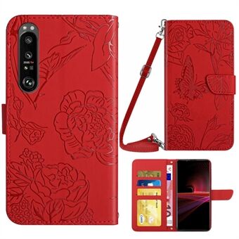 For Sony Xperia 1 IV Skin-touch Feeling Leather Stand Butterfly Flowers Imprinting Pattern Wallet Phone Cover with Shoulder Strap