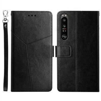 For Sony Xperia 1 IV Imprinted Y-Shaped Lines Design PU Leather Cover Stand Feature Flip Hand Strap Wallet Purse Case