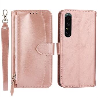 For Sony Xperia 1 IV 5G Zipper Pocket PU Leather Folio Flip Phone Cover Wallet Stand Case with Long Strap and Short Strap
