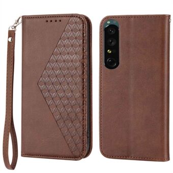 For Sony Xperia 1 IV 5G Imprinted Rhombus Pattern Calf Texture PU Leather Case Stand Wallet Auto Closing Magnetic Phone Cover with Strap
