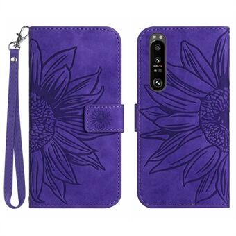 For Sony Xperia 1 IV 5G HT04 Phone Case, Skin-Touch PU Leather Imprinted Sunflower Foldable Stand Wallet Cover with Hand Strap