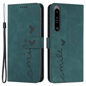 For Sony Xperia 1 IV 5G Anti-fingerprint PU Leather Wallet Phone Case Imprinted Heart Shape Skin-touch Feeling Stand Cover with Strap