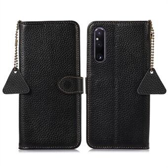 For Sony Xperia 1 IV 5G Litchi Texture Phone Shell Genuine Cow Leather RFID Blocking Stand Wallet Case