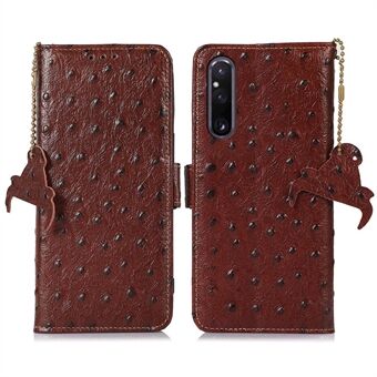 RFID Blocking Wallet Cover for Sony Xperia 1 V , Ostrich Pattern Genuine Cowhide Leather Phone Stand Case