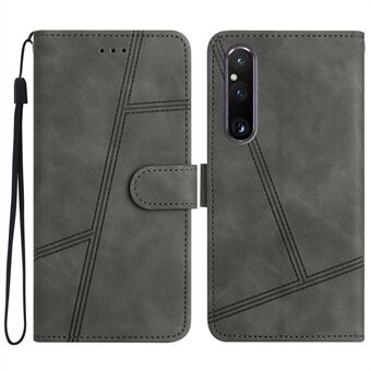 For Sony Xperia 1 V Anti-drop Cover with Wallet Stand Imprinted Line Skin-touch PU Leather Phone Shell