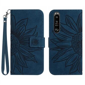 HT04 For Sony Xperia 1 V PU Leather Stand Phone Case Sunflower Pattern Wallet Shell with Hand Strap