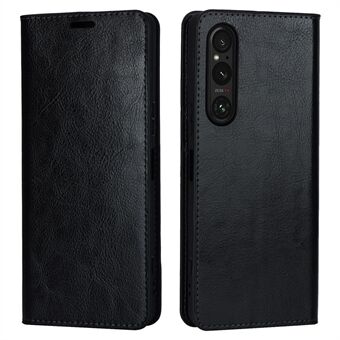 For Sony Xperia 1 V Stand Flip Wallet Crazy Horse Texture Genuine Cow Leather Cover Phone Case