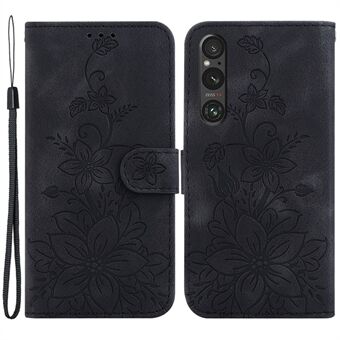For Sony Xperia 1 V Wallet Stand Phone Case Imprinted Lily Flower Shockproof PU Leather Cover