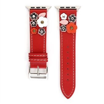 Flower Decor Genuine Leather Watch Strap Wrist Band Replacement for Apple Watch Series 4/5/6/SE 44mm / Series 1/2/3 42mm