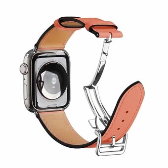Folding Buckle Genuine Leather Smart Watch Strap [Silver Buckle] for Apple Watch SE/Series 6/5/4 44MM / Series 3/2/1 42mm
