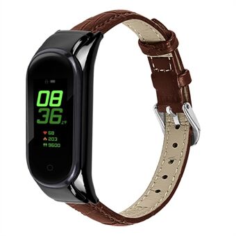 For Xiaomi Mi Band 7 Top Layer Cowhide Leather Bamboo Grain Watch Band with Anti-fall Black Watch Cover