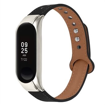 For Xiaomi Mi Band 3 / 4 Adjustable Wristband, Double Rivet Design Replacement Top Layer Cowhide Strap, Silver Watch Case