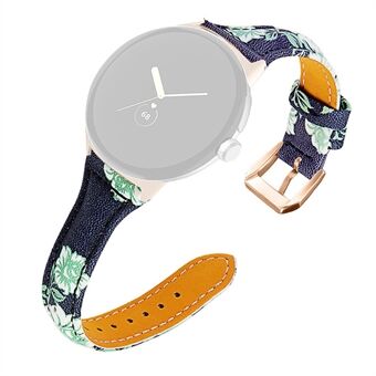 For Google Pixel Watch Flower Pattern Watch Band Genuine Leather Adjustable Strap with Rose Gold Connector