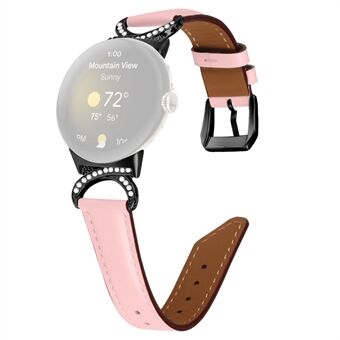 For Google Pixel Watch Rhinestone Decor D-shape Connector Split Leather Replacement Strap with Black Buckle