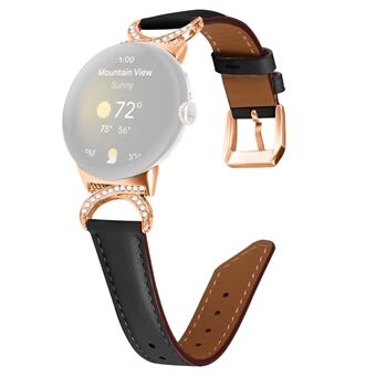 For Google Pixel Watch Wrist Band Rhinestone Decor D-shape Connector Split Leather Strap with Rose Gold Buckle