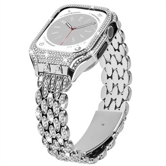 For Apple Watch Series 8 7 41mm Stainless Steel Watch Band Rhinestone Decor Strap with Protective Case