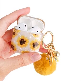 For Apple AirPods with Charging Case (2016)  /  (2019)  /  AirPods with Wireless Charging Case (2019) Shockproof TPU Cover Shell Texture Sunflower Pattern Headset Case with Hair-Ball Pendant