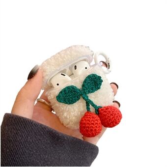 For Apple AirPods with Charging Case (2016) / (2019) / AirPods with Wireless Charging Case (2019) Knitted Cherry Decor Earphone Case Fluffy Plush TPU Earbud Cover with Ring Buckle