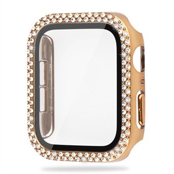 For Apple Watch Series 8 45mm Double Rhinestone Decor Protective Cover Hard PC Bumper Frame with Tempered Glass Screen Protector