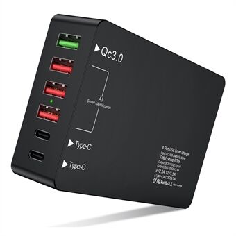 6 Ports Dual Type-C+QC3.0 Phone Tablet Wall Charger Fast Charging Power Adapter
