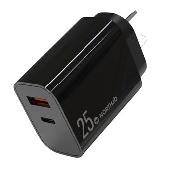 NORTHJO NOPD250602AU USB QC3.0 + Type-C PD 25W Fast Charging Adapter Dual Port Wall Charger - AU Plug/Black