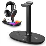 B-15A 4-in-1 Wireless Charger Headset Hanger QC 3.0 Charging Station Headset Holder for Smartphones/Smartwatch/Earbuds/Headset