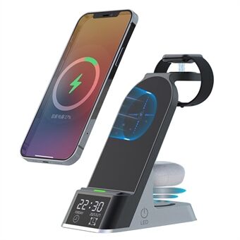 HYD-H36 6-in-1 Multiple Functions Wireless Charging Mobile Phone 15W Double Coils Alarm Function Wireless Charging Stand