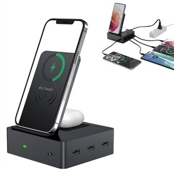 XDL-WA10 6 in 1 Wireless Charger Dock Station [with 3 USB Ports + 1 USB-C Port] for iPhone Samsung Huawei - EU Plug