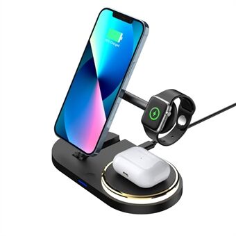 CF36 15W Wireless Charging Stand for iPhone / Apple Watch / AirPods Folding Charger with LED Light + USB Output