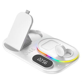 A06 4-in-1 Phone Watch Earphone Wireless Charger Digital Clock 15W Phone Wireless Charging Stand with RGB Light (for Samsung Smart Watch)