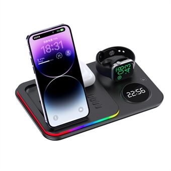 JJT-A82 Folding Cell Phone Wireless Charger RGB Lights Multifunction Headphone Watch Charging Station with Clock