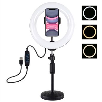 PULUZ PKT3078B 7.9-inch 20cm USB Dimmable Dual Color Temperature LED Ring Light with Phone Clamp + Round Base Desktop Mount