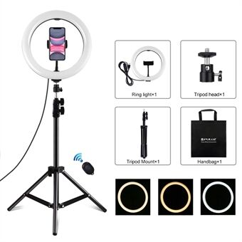 PULUZ PKT3069B 1.1m Tripod Mount + 10.2-inch 26cm Dimmable Dual Color Temperature USB LED Ring Lights Selfie Photography Video Fill Light  with Phone Clamp & Selfie Remote Control