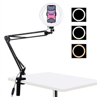 PULUZ 7.9 inch 20cm Ring Curved Light + Desktop Arm Stand USB 3 Modes Dimmable Dual Color Temperature LED Vlogging Selfie Photography Video Lights with Phone Clamp