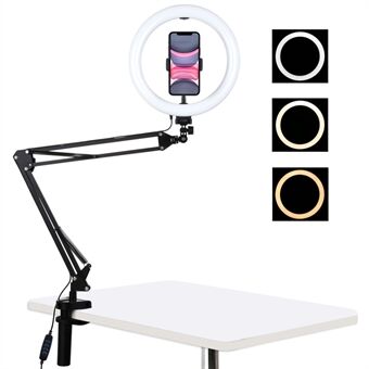 PULUZ 10.2-inch 26cm Ring Curved Light + Desktop Arm Stand USB 3 Modes Dimmable Dual Color Temperature LED Vlogging Selfie Photography Video Lights with Phone Clamp