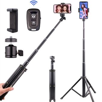 T9 1.6m Telescopic Selfie Stick Phone Holder Tripod Video Shooting Live Streaming Stand with Phone Clip + Bluetooth Remote Control + Storage Bag